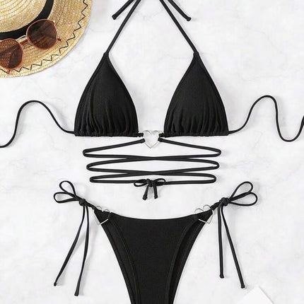 European and American New Style Split Sexy Bikini Bikini Swimsuit Swimwear Women's Solid Color Tape Love Two-piece Cross-border Set