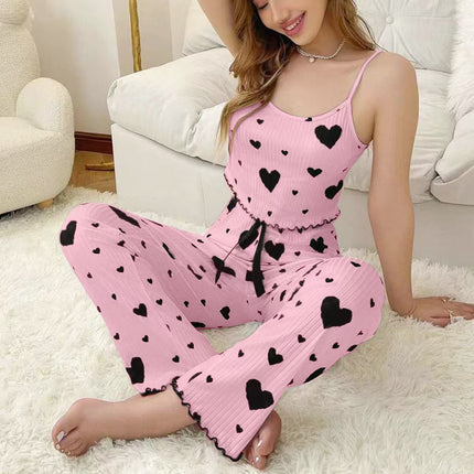 European and American Cross-Border Best-Selling Home Wear Ribbed Heart Camisole Pajamas Women's Wearable Long Pants Two-Piece Set