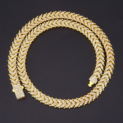 Cross-border New Products Full Diamond Ins Wind Fish Tail Fish Bone Tennis Chain European and American Light Luxury Trendy Men's and Women's Neckchain Clavicle Chain