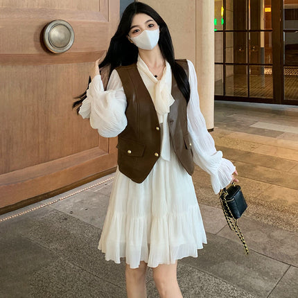 plus size chubby girl autumn new waist slimming French sweet long sleeve dress women's leather jacket two-piece set