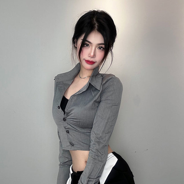 South Korea Dongdaemun New Slim-fit Slimming Sexy Spice Girl Figure Short Exposure Waist Long Sleeve Shirt Top for Women