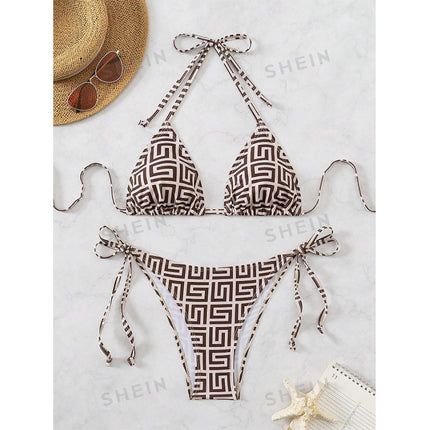 Sexy Split Swimsuit Women's Bikini Cross-border New Deep V Push-up Striped Backless Strap High-end Swimsuit for Women