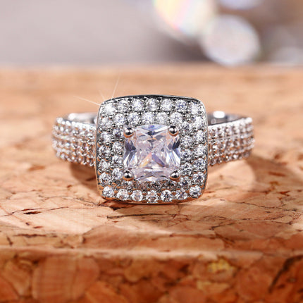 Full Diamond Micro-Paved Princess Diamond Zircon Ring European and American Luxury Engagement Ring Light Luxury Fashion Hand Jewelry