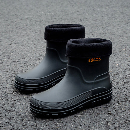 Cross-border Fashion PVC Casual Fashion Short Barrel Rain Boots Men's Waterproof Winter Cotton-added Adult Non-slip Men's Water Shoes