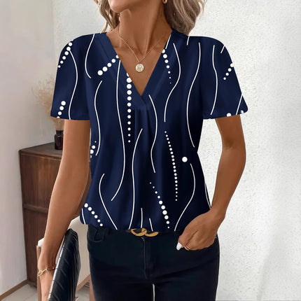 European and American Cross-Border 2025 Summer New Product Amazon Independent Station Temu Fashion Casual Printed V Neck Top T-Shirt Women's Clothing