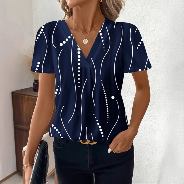 European and American Cross-Border 2025 Summer New Product Amazon Independent Station Temu Fashion Casual Printed V Neck Top T-Shirt Women's Clothing