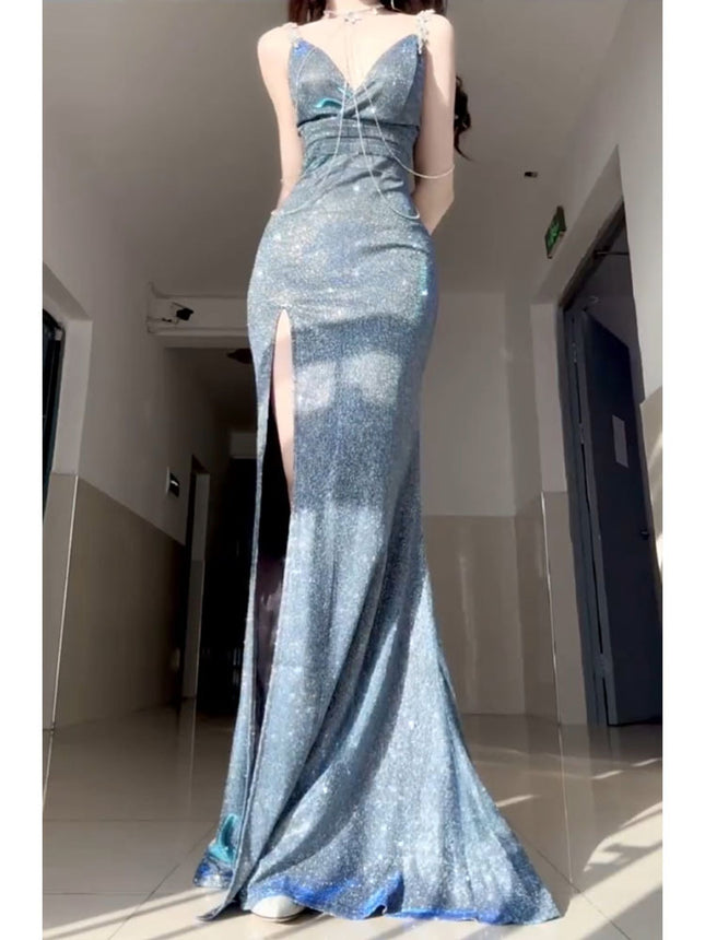 2025 New Sexy Deep V Slit Hip-Covering Floor-Length Evening Dress Nightclub Backless Style Performance Long Dress