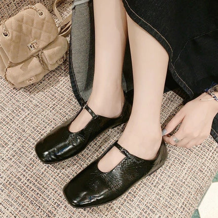 Mary Jane Flats Shoes for Women, Square Toe Light Mirror Shoes, Cow Leather Pleated Texture Square Toe French Literary Granny Shoes
