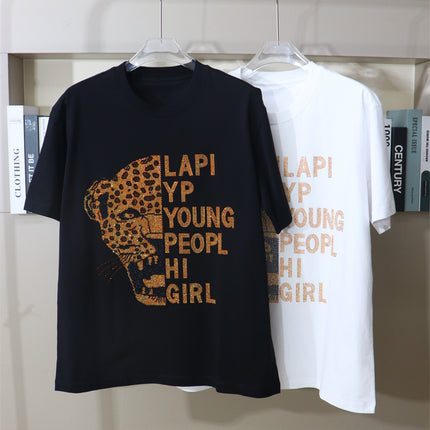 340kg fat plus size American tide brand hot drilling letters Leopard head personality short sleeve T-shirt pants pants suit