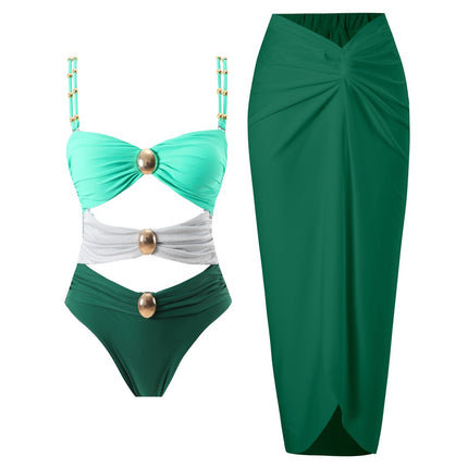 2025 European and American foreign trade new bikini AliExpress skirt swimsuit Amazon solid color stitching one-piece swimsuit women
