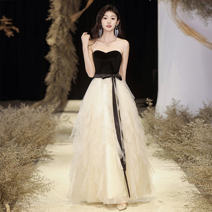 High-end Evening Dress Mesh Patching Dress Women's High-end Texture Socialite Strapless Black Elegant New Style Women's Long Dress