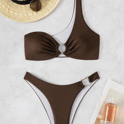 Billion Swimming 2024 New Sexy Shoulder Push-up Split Bikini Cross-border European and American Solid Color Swimwear for Women