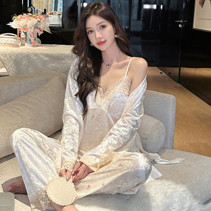 New Style Gold Velvet Nightgown with Chest Pad Sling Trousers Three-Piece Set Women's Pajamas Sweet Sexy Lace Home Clothes