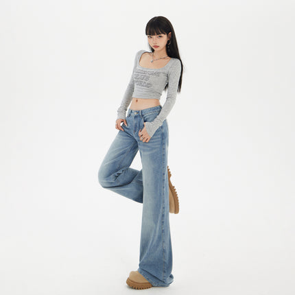2025 American Retro Low-Waist Bootcut Pants for Women in Autum New Loose and Slim Floor-Length Jeans