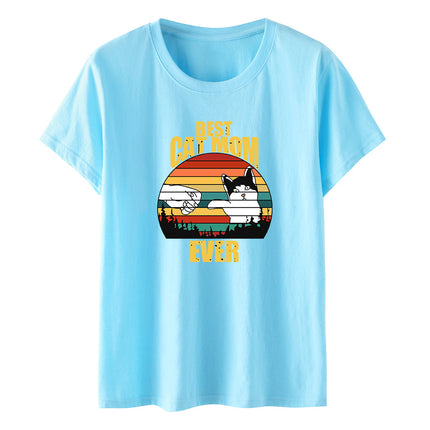 Amazon Summer Best Cat Mom even Mother's Day Fist Cat Letter Printed Casual Short-sleeved T-shirt Women
