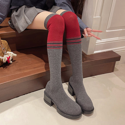 Over-The-Knee Boots for Women 2025 Autum New Internet Celebrity Slim Boots Medium Thick Heel Knitted Elastic Socks Boots Long Boots Large Size