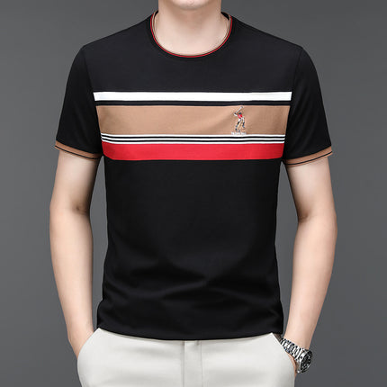 Famous Mouse Men's Summer New Men's Cotton T-Shirt Round Neck Striped Business Loose Short-Sleeved T-Shirt Top Men