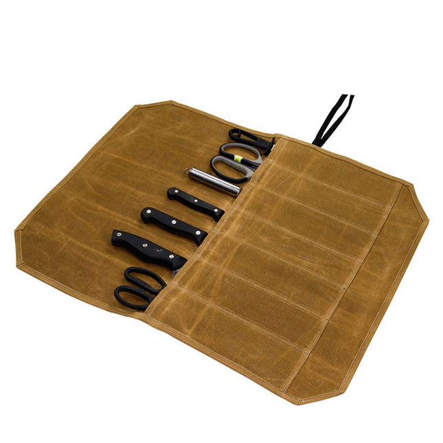 Outdoor Simple Retro Waxed Canvas Chef Knife Storage Roll Bag Travel Portable Chef Knife Storage Bag Roll Bag