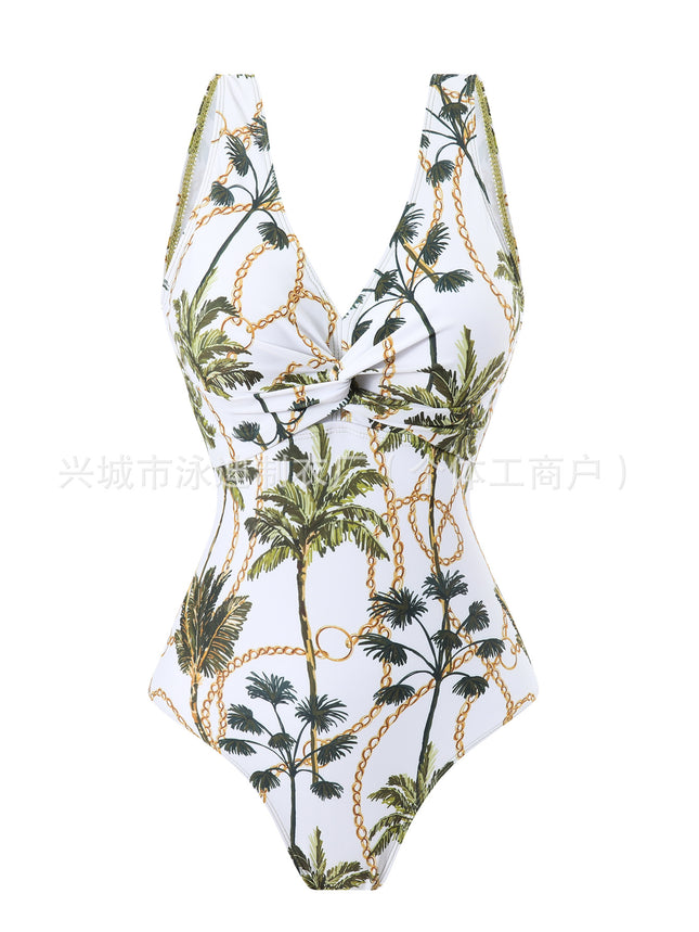 European and American Explosions Coconut Tree Twist One-piece Swimsuit Women's Two-piece Belly-covering Sexy Belt Mesh Skirt Foreign Trade OEM