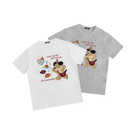 HeyHenry Men's Summer Bear Towel Embroidered Jacquard Loose Couple T-Shirt Round Neck All-match Short-sleeved Women's Ins