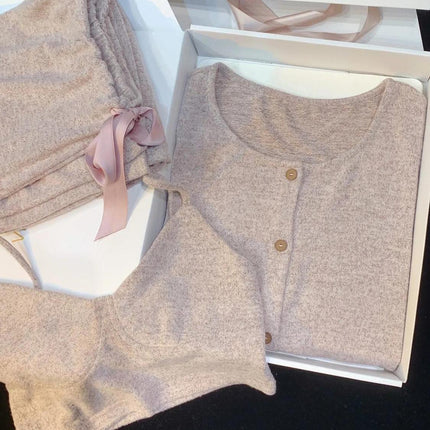 Autumn and Winter Brushed Cotton Women's Camisole Pajama Set with Chest Pads, Three-Piece Cardigan Set, Can Be Worn Outside, Ins-Style Loungewear Set