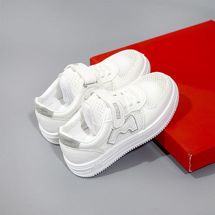Children's White Sneakers, Mesh Breathable Sports Shoes, Soft-Soled School Summer Girls' Sneakers with Velcro, Suitable for Spring and Autumn Activities
