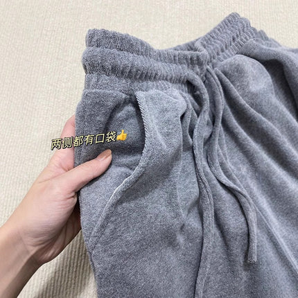 Lazy Gray Towel Pants Thickeneded and Velvet 2025 Autumn and Winter Loose Slimming Look Small Soft Waxy Wide Leg Pants for Women