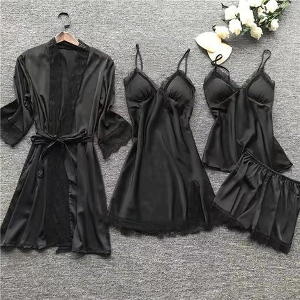 Cross-Border Four-Piece Pajama Set for Women, Spring and Summer Ice Silk Camisole Nightgown Set with Chest Pads, Loungewear, Lingerie