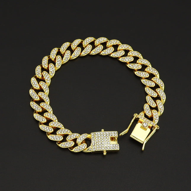 European and American hip hop style full diamond encryption Cuban chain clavicle chain necklace hipster cool flash personality butterfly buckle necklace accessories