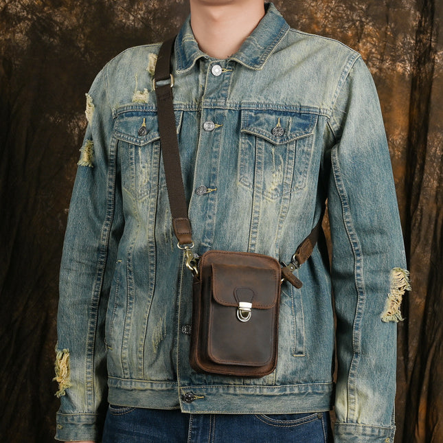 Vintage Men's Genuine Leather Small Bag Top Layer Crazy Horse Leather Crossbody Wearing Belt Mobile Phone Bag Men's Outdoor Casual Hanging Bag Cigarette Bag