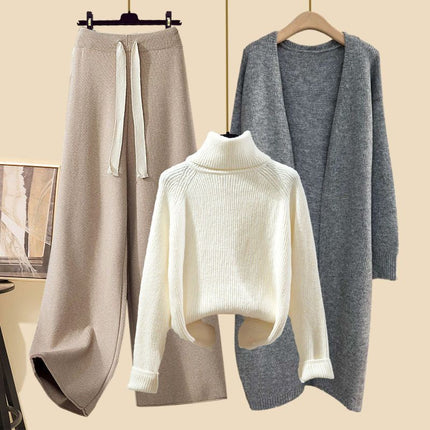 Autumn suit Women's 2024 New Korean Lazy Style Cardigan Jacket with Slim Sweater Wide Leg Pants Three-Piece Set