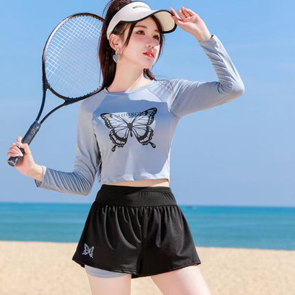 New Sports Slimming Long-sleeved Split Belly Covering Two-piece Set Conservative Student Girl's Cunnable Hot Spring Swimsuit