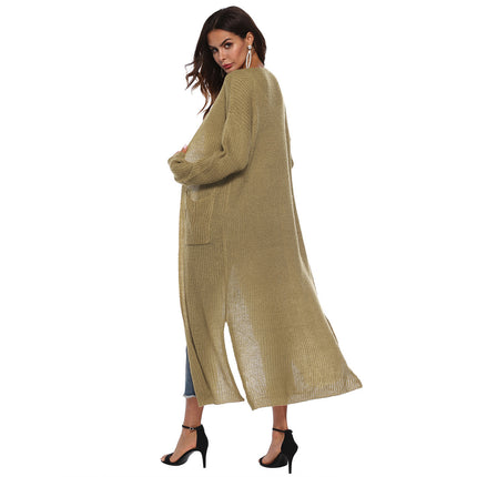 Mohair cardigan cross-border European and American wool cardigan autumn women's coat split large pocket thin coat long multicolor