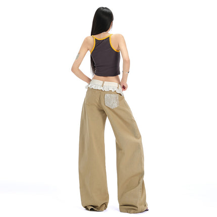 Khaki Scimitar Wide-Leg Jeans for Women 2025 Summer New High-Waisted Loose Lace Design Sickle Pants