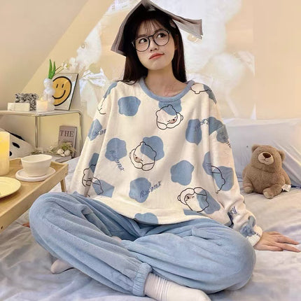 2024 New Autumn and Winter Coral Velvet Cartoon Stripesd Women's Pajamas Thickeneded and Wearable Home Wear Set