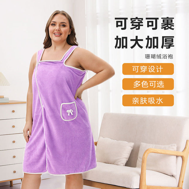 Cross-Border Large Size Coral Velvet Bath Skirt, Soft, Thickened and Absorbent, Cute Bow Pockets, Wearable Bath Towel Suspender Skirt