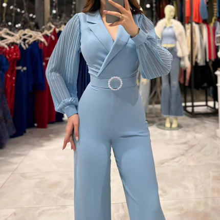 Cross-border 2025 Europe and the United States autumn and winter new chiffon stitching long sleeve women's jumpsuit INS office commuter jumpsuit