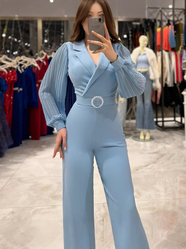 Cross-border 2025 Europe and the United States autumn and winter new chiffon stitching long sleeve women's jumpsuit INS office commuter jumpsuit