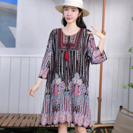 Extra Large Size Ethnic Style Round Neck Three-Quarter Sleeve Dress Loose Embroidered Flower Cotton Silk Travel Beach Skirt for Women