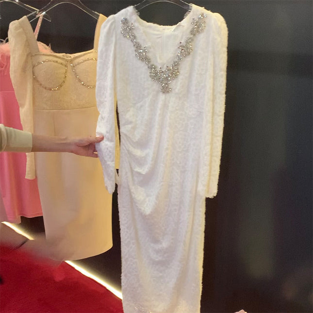 Autumn and Winter New French Niche Gentle Style Brushed Plus Velvet Lace Dress with Diamond Long Skirt
