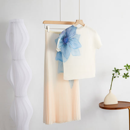 Pleated suit Western style printed top suit women's European high-end fashion slimming skirt T-shirt two-piece set
