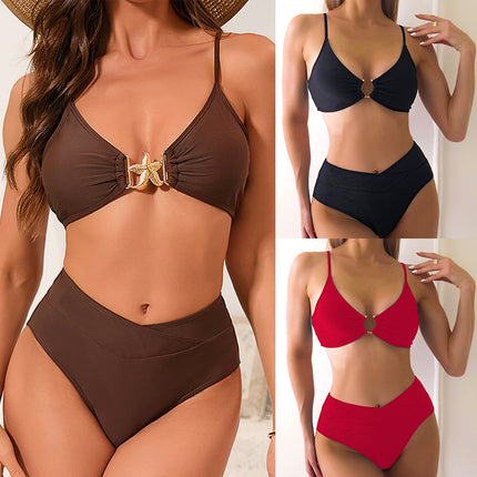 2025 New Bikini Cross-border European and American Trade Solid Color Pleated High Waist Sexy Bikini Split Swimwear