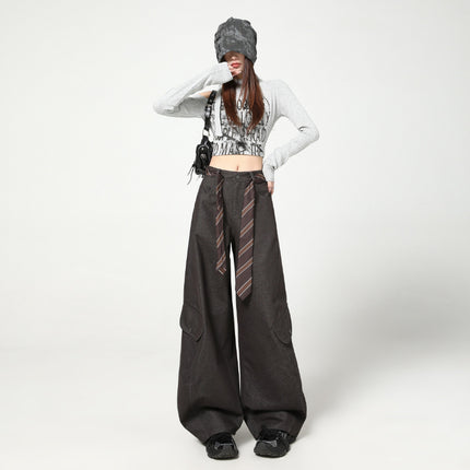 Army Green Silhouette Scimitar Workwear Casual Pants for Women, New Autumn American High Street Loose Drape Wide-Leg Floor-Length Pants