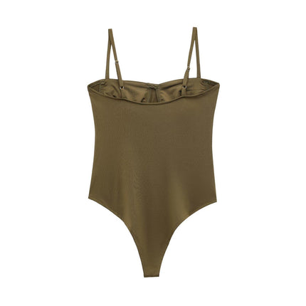 Foreign trade cross-border supply wholesale spring new European and American style silk satin texture underwear type jumpsuit Army Green card