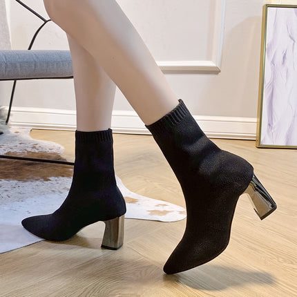 Knitted Stretch Socks Boots Women's Short Boots 2023 Autumn and Winter Explosions Single Boots Pointed Thick Heel High Heels Slim Look Martin Boots
