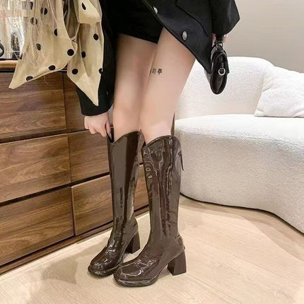 Autumn and Winter High-Heeled Boots with Square Toe Slimming Knight New Thick Heel No More Than Knee New Women's Boots