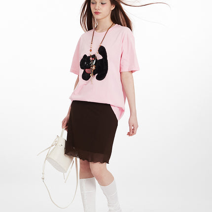 HeyHenry Men's Rabbit Fur Paste Embroidered Cat Loose Crew Neck Short Sleeve T-shirt Women's Fun Couple Top