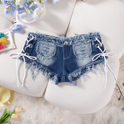 Sexy American Hot Girl Retro Low Waist Denim Shorts Women's Summer New Slim Fit Ripped Stretch Hot Pants