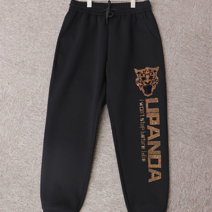 340kg fat plus size American tide brand hot drilling letters Leopard head personality short sleeve T-shirt pants pants suit