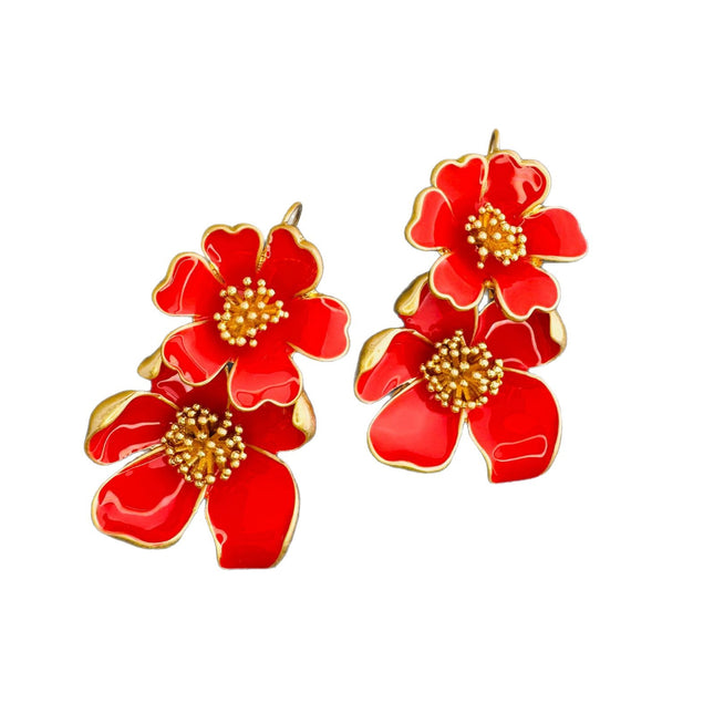Oscar European and American Mid-Century Style Long Enamel Drip Glaze Flower Earrings for Women High-End Niche Design Ear Hooks